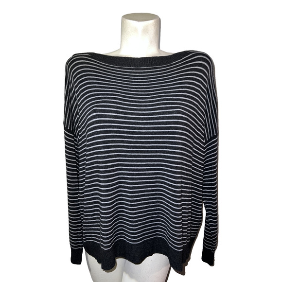 Eileen Fisher Sweaters - Eileen Fisher Sweater Women’s XL Black Gray Striped Boat Neck Boxy LS Knit Top